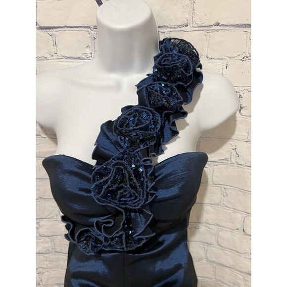 BETSY & ADAM blue cocktail one shoulder Flower detail Blue dress Size 6 Petite - Picture 2 of 8